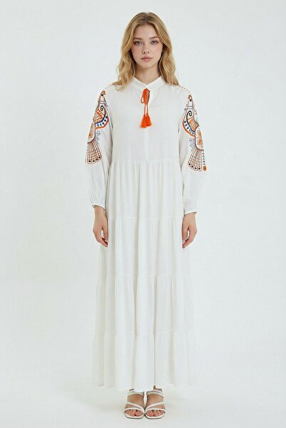 loia Women's White Embroidered Layered Flounce Long Woven Stylish Dress L26-B...