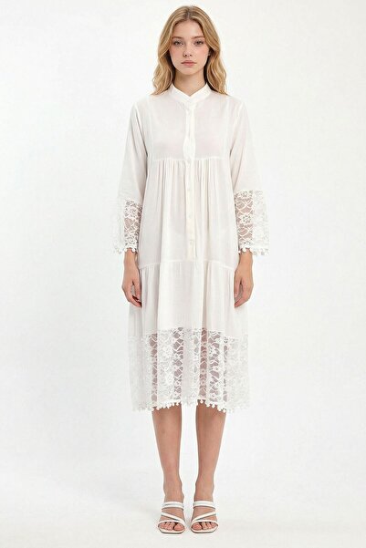 loia Women's White Tulle Detailed Long Length Woven Viscon Stylish Dress L26-...