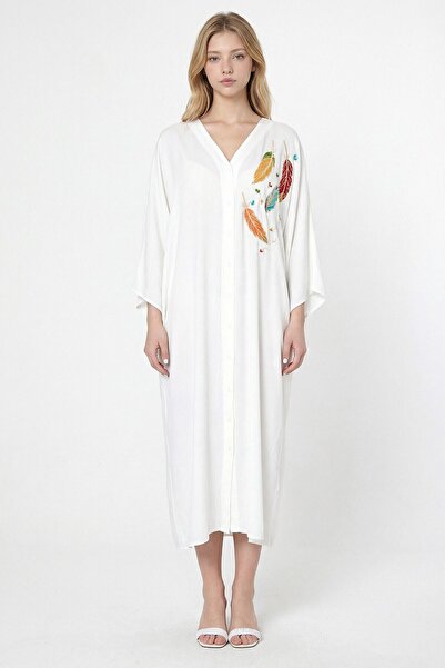 loia Γυναικείο φόρεμα με λευκό κέντημα, μάξι μήκους, υφαντό από βισκόζη, κομψ...