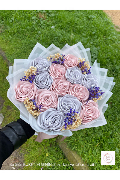 Buketim Seninle Μπουκέτο τριαντάφυλλων 13 τεμαχίων σε ροζ και γκρι πούδρα, πο...