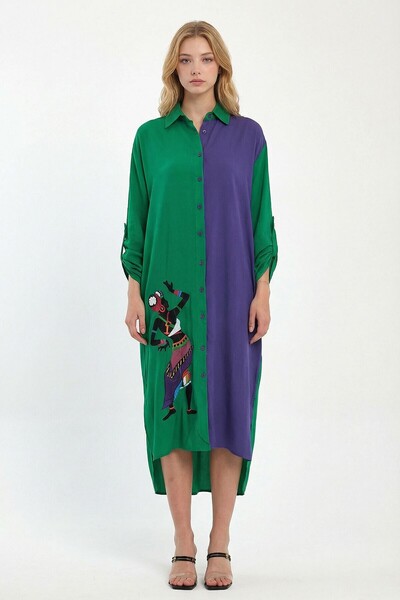 loia Γυναικείο πράσινο κεντημένο φόρεμα μάξι με υφαντό βισκόζη κομψό φόρεμα L...