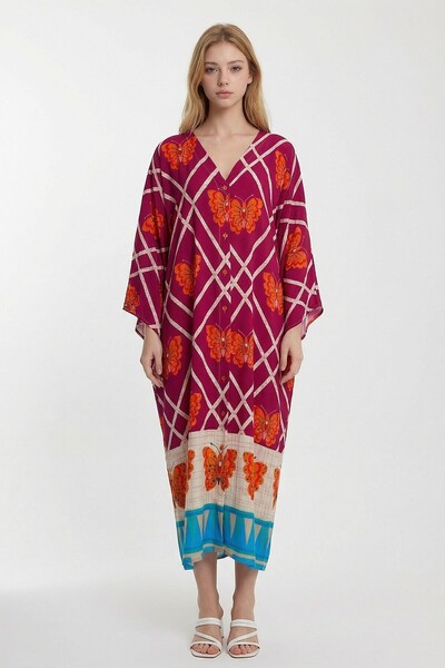 loia Women's Fuchsia V-Neck Floral Patterned Long Length Woven Shirt Stylish ...