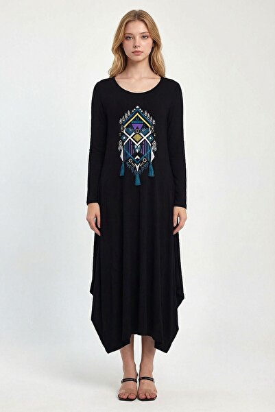 loia Women's Black Double Pocket Long Sleeve Embroidered Tassel Long Length S...