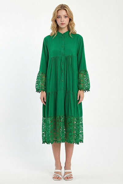 loia Women's Green Tulle Detailed Long Length Woven Viscon Stylish Dress L26-...