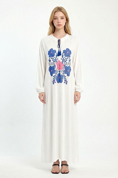 loia Γυναικείο Λευκό Φόρεμα με Κεντημένο Γιακά, Μακρύ, Υφαντό, Κομψό Φόρεμα L...