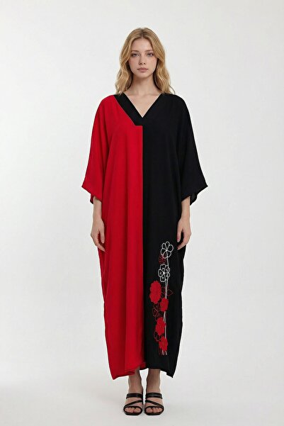 loia Γυναικείο Κόκκινο Κεντητό Πουκάμισο με Λαιμόκοψη V, Μακρύ, Χρωματικά Μπλ...