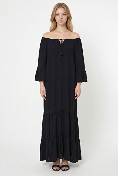 loia Women's Black Boat Neck Maxi Length Woven Viscon Stylish Dress L26-Bcvl-...