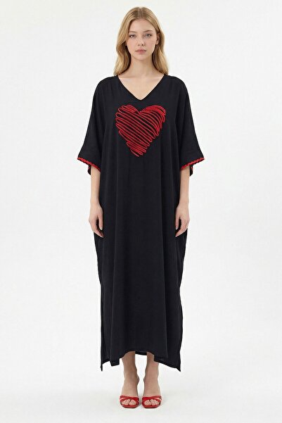 loia Γυναικείο μαύρο κεντημένο φόρεμα μάξι με υφαντό βισκόζη κομψό φόρεμα L26...