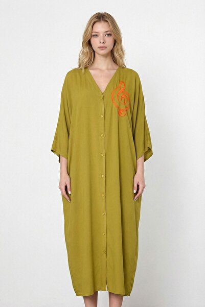 loia Women's Oil Green Embroidered Maxi Length Woven Viscose Stylish Dress L2...