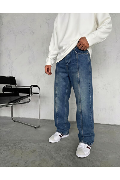 Wonraces Ανδρικό μπλε φαρδύ τζιν παντελόνι με λεπτομέρειες ραφής