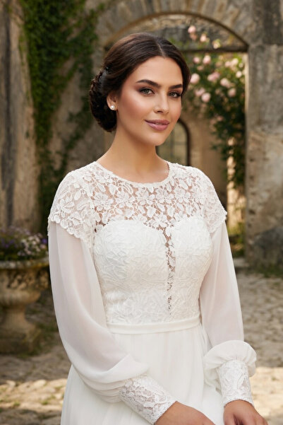 FaBe Fashion Uzun Kollu Güpür Kombinli Şifon Nikahlık Beyaz Abiye Elbise