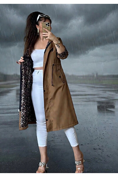 AZRA BUTİK Patched Trench Coat Tan Plus Size