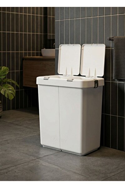 Jet's Home Çamaşır Sepeti İki Bölmeli Kirli Sepeti Beyaz Gövde Gri Tuş Takıml...