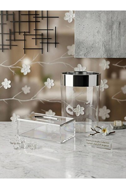 Noor Round basket and transparent acrylic tissue box with a wide silver borde...