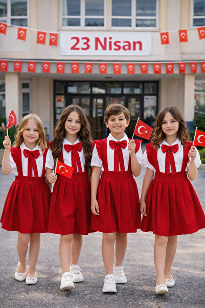 Sahil Collection Tak Çıkart Fiyonk Aksesuarlı Gömlek Li Kırmızı Kız Çocuk Elb...