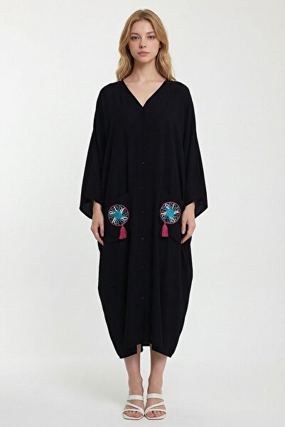 loia Γυναικείο μαύρο πουκάμισο με διπλές τσέπες και κέντημα, μακρύ υφαντό που...