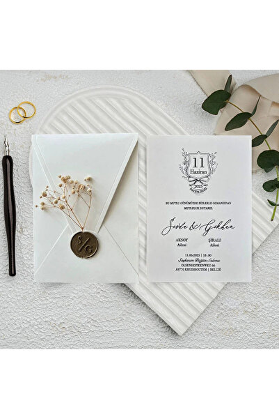 GNDR Mühürlü Çiçekli Beyaz Dikey Zarflı Davetiye -1097