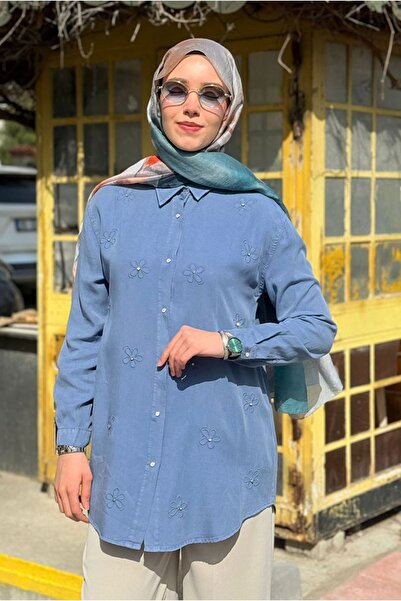 Moda Rosa 26Y7094 - MAVİ - ÇİÇEK TAŞLI MODAL GÖMLEK