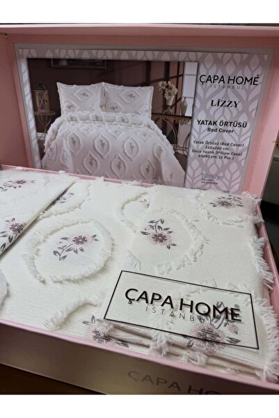 Çapa Home Lizzy jakarlı Bohem Şönil Yatak Örtüsü Çift Kişilik Krem Pudra