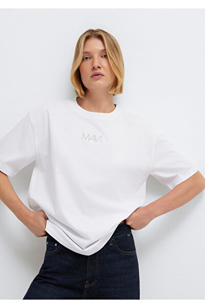 Mavi Logo Printed White T-Shirt Loose Fit / Comfortable Loose Cut 1613884-620