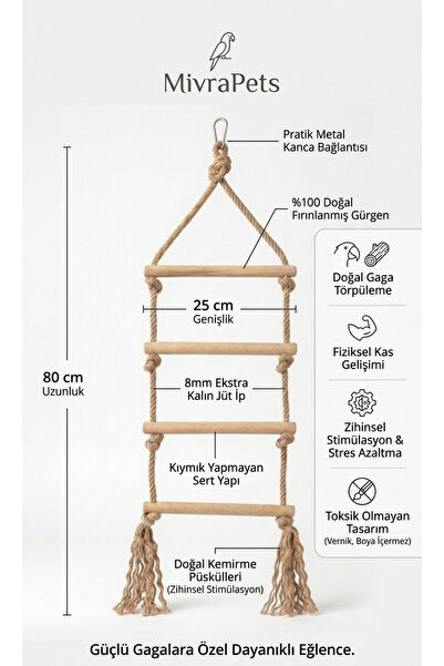 Mivra Pets Papağan Merdiven Oyuncağı 80x25 cm Doğal Ahşap Tırmanma Kemirme İr...