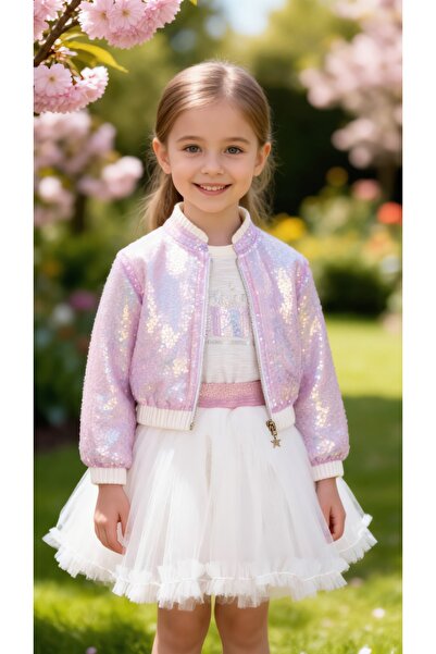 ministok Σετ κοριτσιών 3 τεμαχίων Tina με παλτό με πούλιες και φούστα τούτου