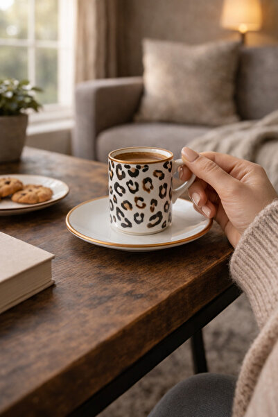 HAZEM Seramik Trend Kahve Fincan Takımı Leopar Desenli 2 Kişilik Özel Tasarım...