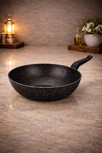 LAVONNI ChefMaster 28 Cm Granit Wok Tava Siyah Yanmaz Yapışmaz