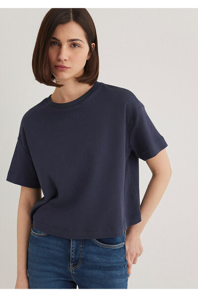 Mavi Bisiklet Yaka Lacivert Basic Crop Tişört Boxy Fit 1612708-85315