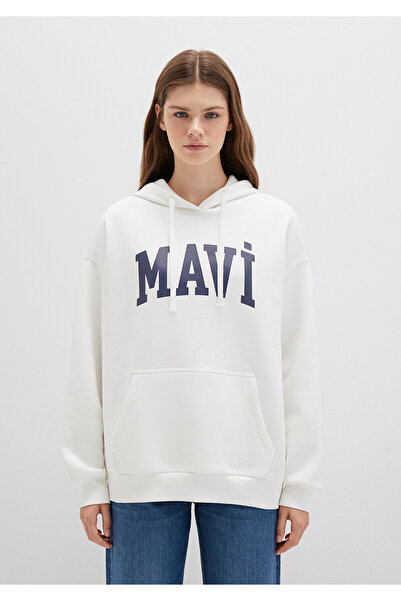 Mavi Logo Baskılı Kapüşonlu Beyaz Sweatshirt 1600361-81964