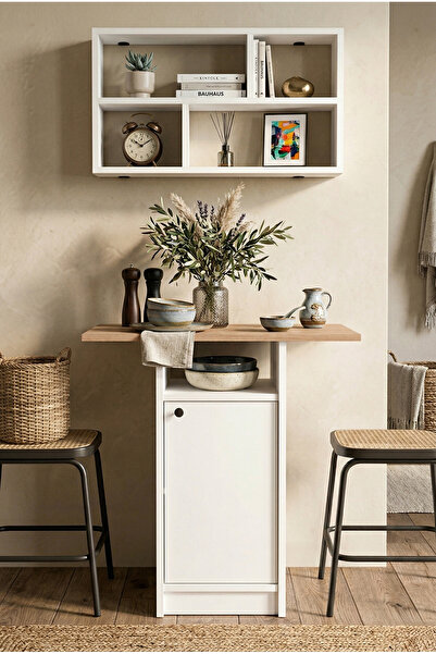 Robin Home Alaska Mutfak Masası Yemek Masası Dolaplı Raflı Sepet-Beyaz