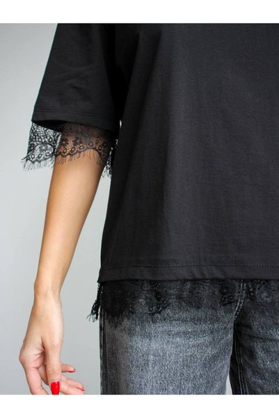 LİNDALİNA TEKSTİL Kadın Oversize Bisiklet Yaka Dantel Detaylı T-Shirt