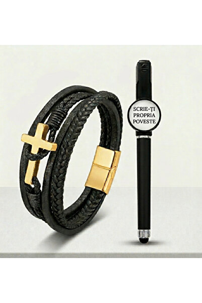 ALL PAPICKS Set Cadou Barbati: Brățară din Piele 21 cm cu Cruce Aurie și Pix ...
