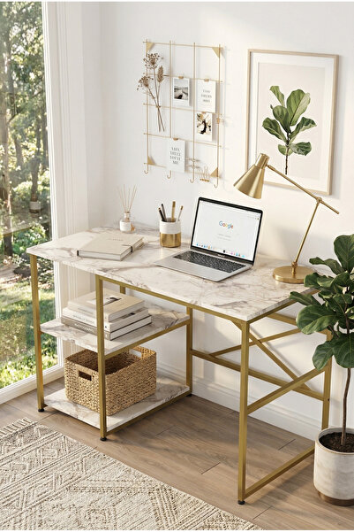 Robin Home Gold Metal Çalışma Masası Raflı 120cm Mermer Desen