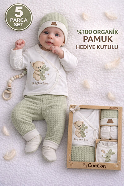 ConconBebe 5’li Organik Pamuk Yenidoğan Bebek Hastane Çıkış Seti %100 Pamuk U...