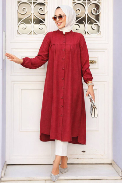 N.S NEVA STYLE Buttoned Red Hijab Tunic 5642K