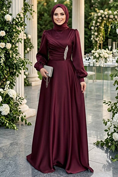 N.S NEVA STYLE Βραδινό φόρεμα από σατέν με λεπτομέρεια ντραπέ σε μπορντό χρώμ...