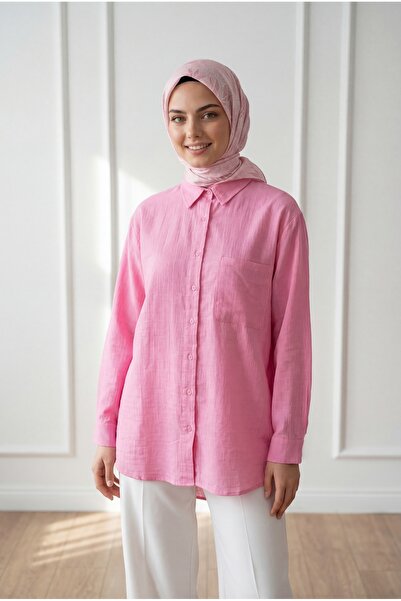 MİHRA STORE Πουκάμισο μουσελίνας μεγάλου μεγέθους με μία τσέπη Sevina-NA854 Ροζ