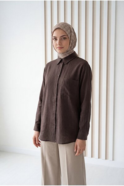 MİHRA STORE Πουκάμισο μουσελίνας μεγάλου μεγέθους με μία τσέπη Sevina-NA854 Καφέ