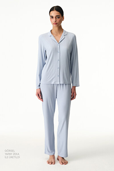 Penti Blue Emily Buttoned Shirt Pants Pajama Set