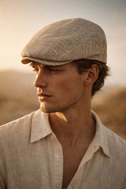 Külah Erkek Keten Premium Bej Şapka Yazlık Flat Cap Kasket