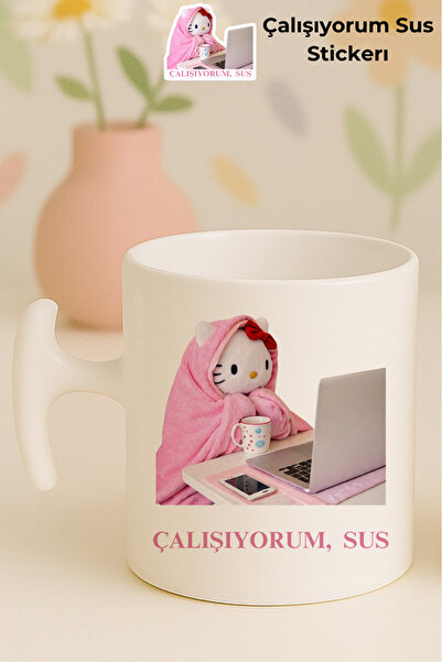 Witchy Co Hello Kitty Çalışıyorum Sus Yazılı, Komik Kupa Bardak ve 10 Adet Ke...
