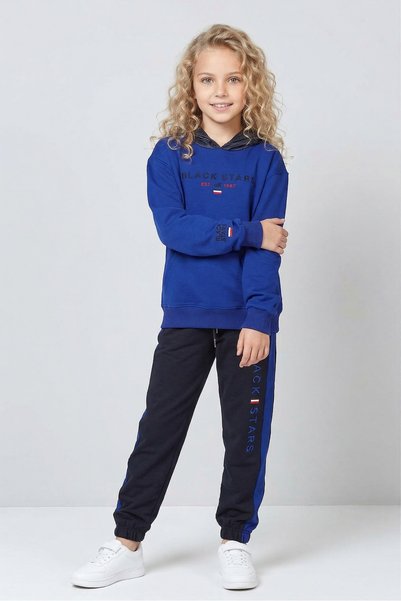 Black One Girl's Hooded Long Sleeve Sportswear Tracksuit Set