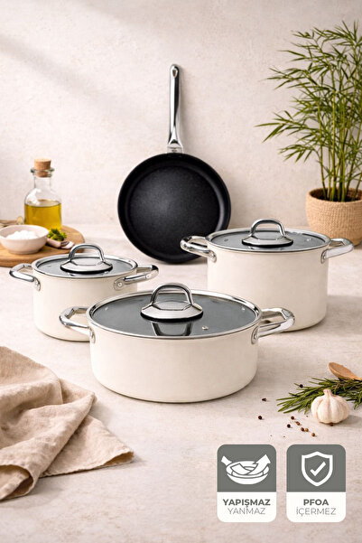 Kitchen Life Gigilli Esperanza 7 Piece Titanium Pot and Pan Set Cream