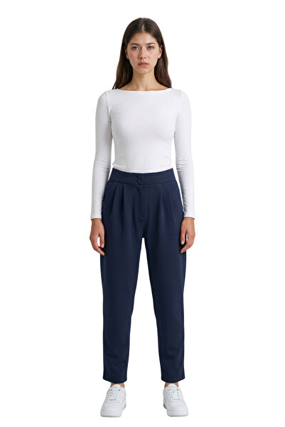 MODASPARK Navy Blue High Waist Double Button Pocket Carrot Cut Pleated Women'...