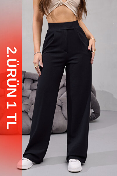 BİKELİFE بنطلون نسائي عالي الخصر من الليكرا بسحاب واسع الساقين من نوع بالازو