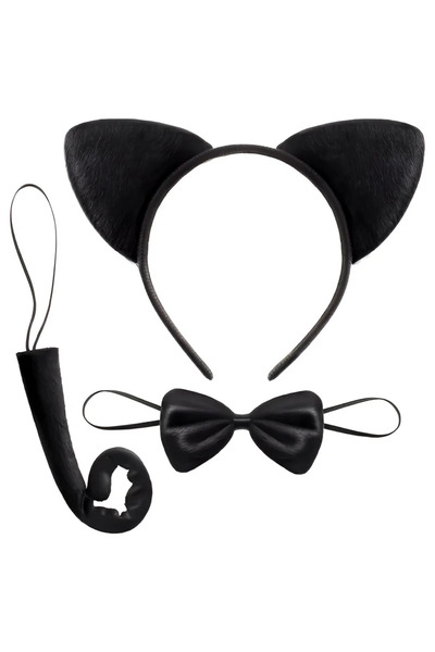 ReilaParty Siyah Peluş Kedi Kostüm Seti - Kedi Kulağı Tacı, Papyon ve Kuyruk ...
