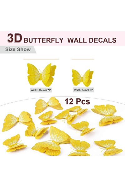 Generic 12 قطعة من ملصقات الحائط على شكل فراشات صفراء ثلاثية الأبعاد، بأجنحة ...