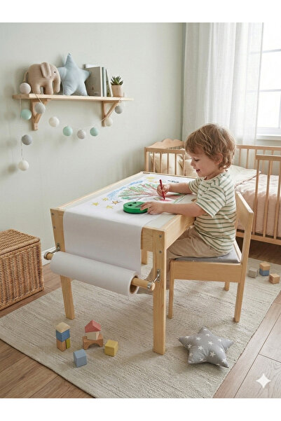 Masal Oyuncak Ahşap Duyu Masası Yaz Sil Yüzey 1 Sandalyeli 6 Kutulu