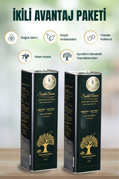 Sadık Amca Erken Hasat Soğuk Sıkım Natürel Sızma Zeytinyağı 2 Lt.X2 Özel Tasa...